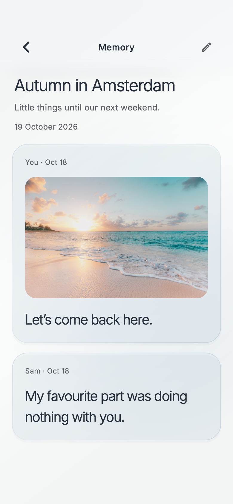 An opened memory with a beach photo and a note: My favourite part was doing nothing with you.